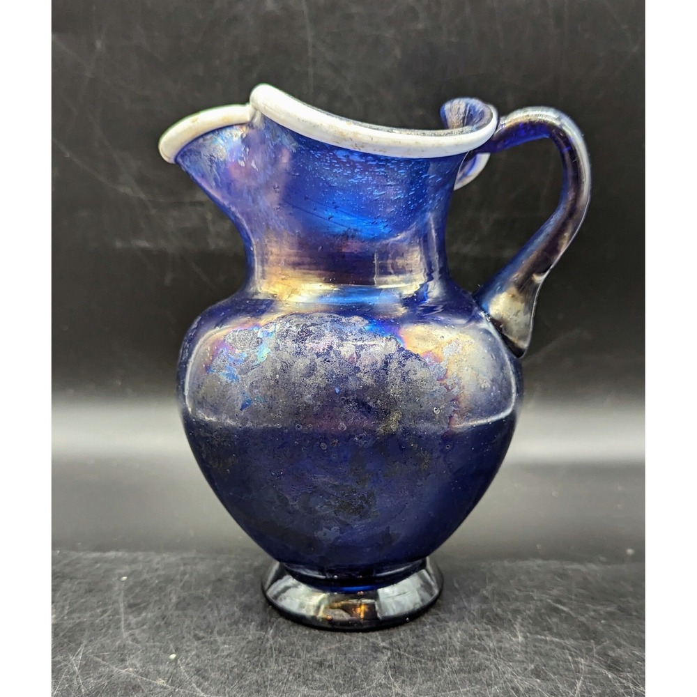Vintage Paolo Rossi Iridescent Art Glass Cobalt Blue Pitcher 7.5" Handmade